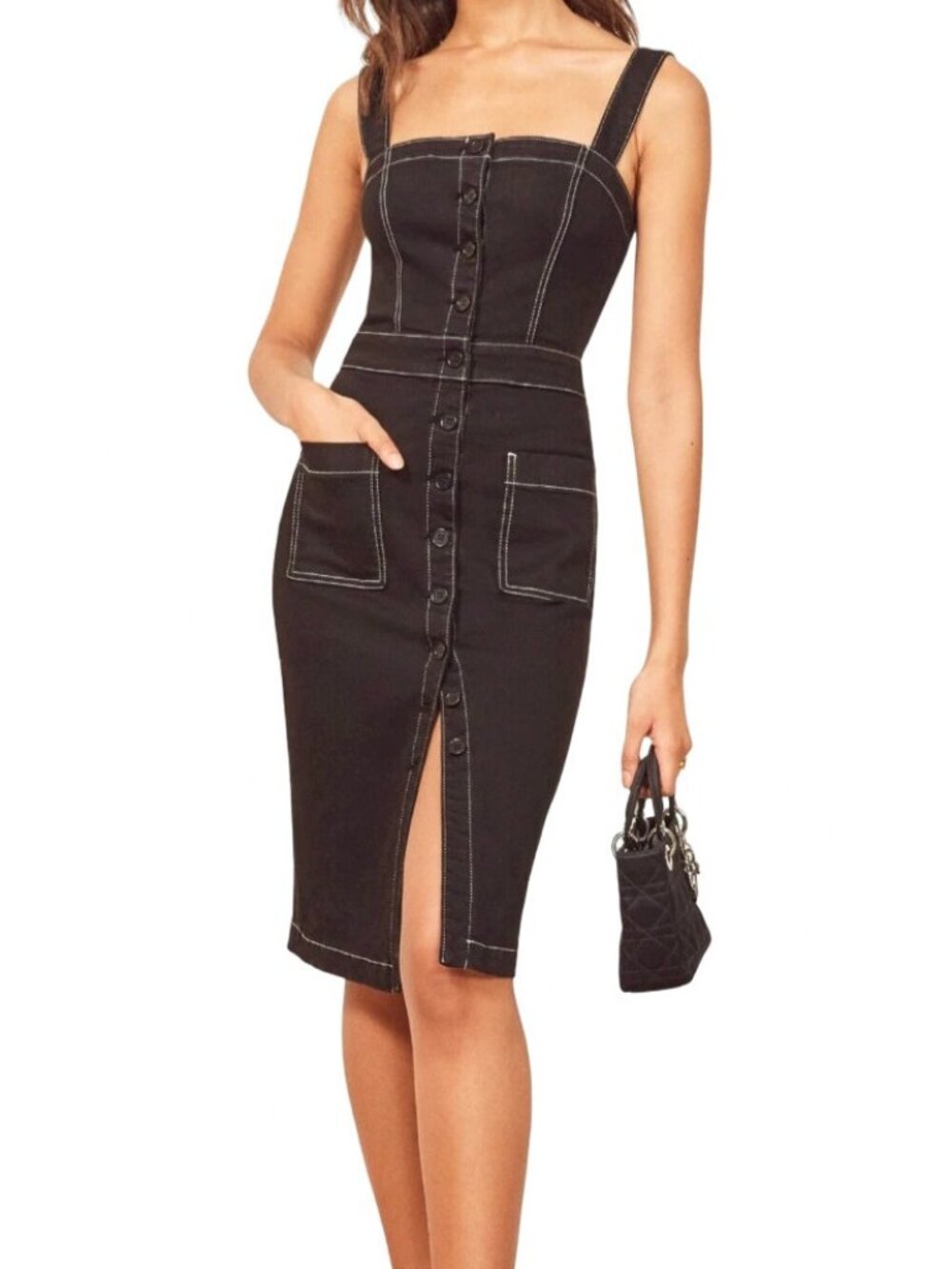 Reformation Roxanna Denim Dress 12 Black Midi Button Front Contrast Stitching